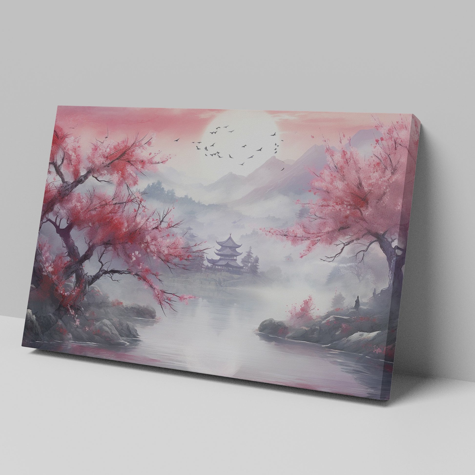 Framed canvas print of Oriental landscape with cherry blossoms and pagoda