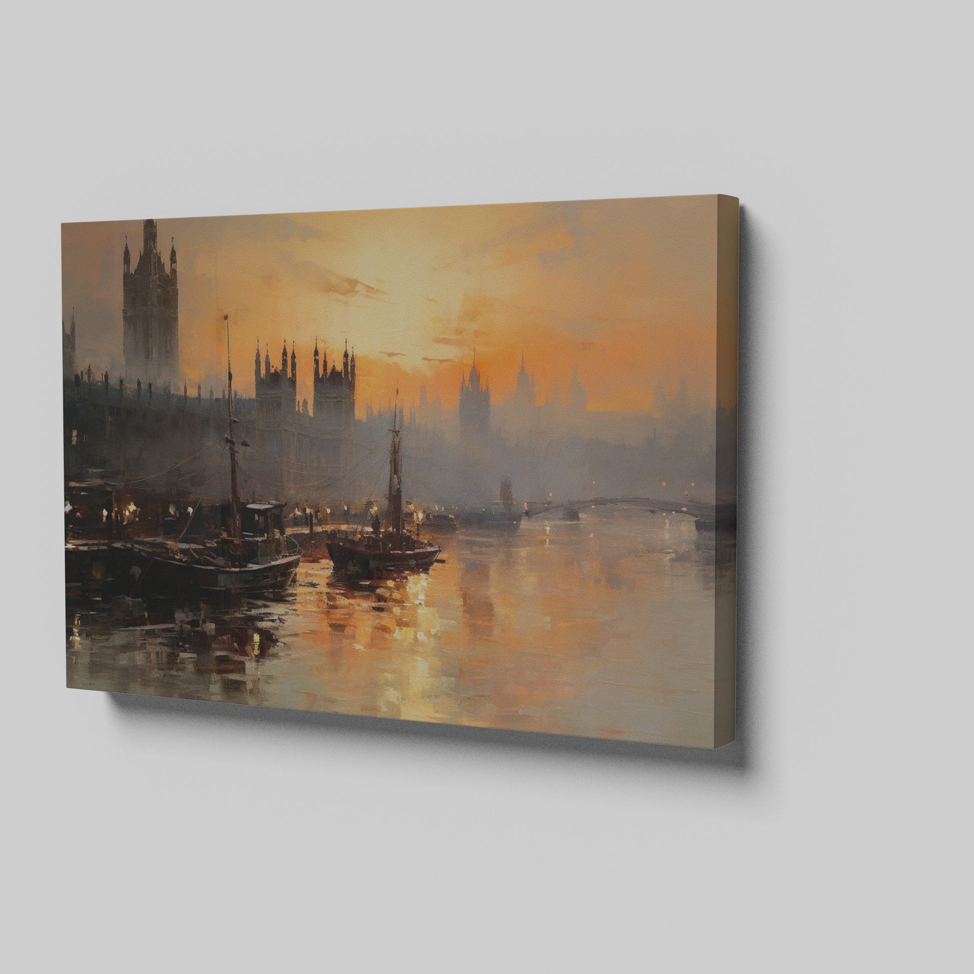 Framed canvas print of a sunset over the River Thames with London skyline and boats in impressionist style