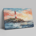 Framed canvas print of a vibrant sunset seascape with a red and white lighthouse on a cliff