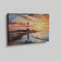 Framed canvas print of an impressionist lighthouse by the sea at sunset with vibrant colours