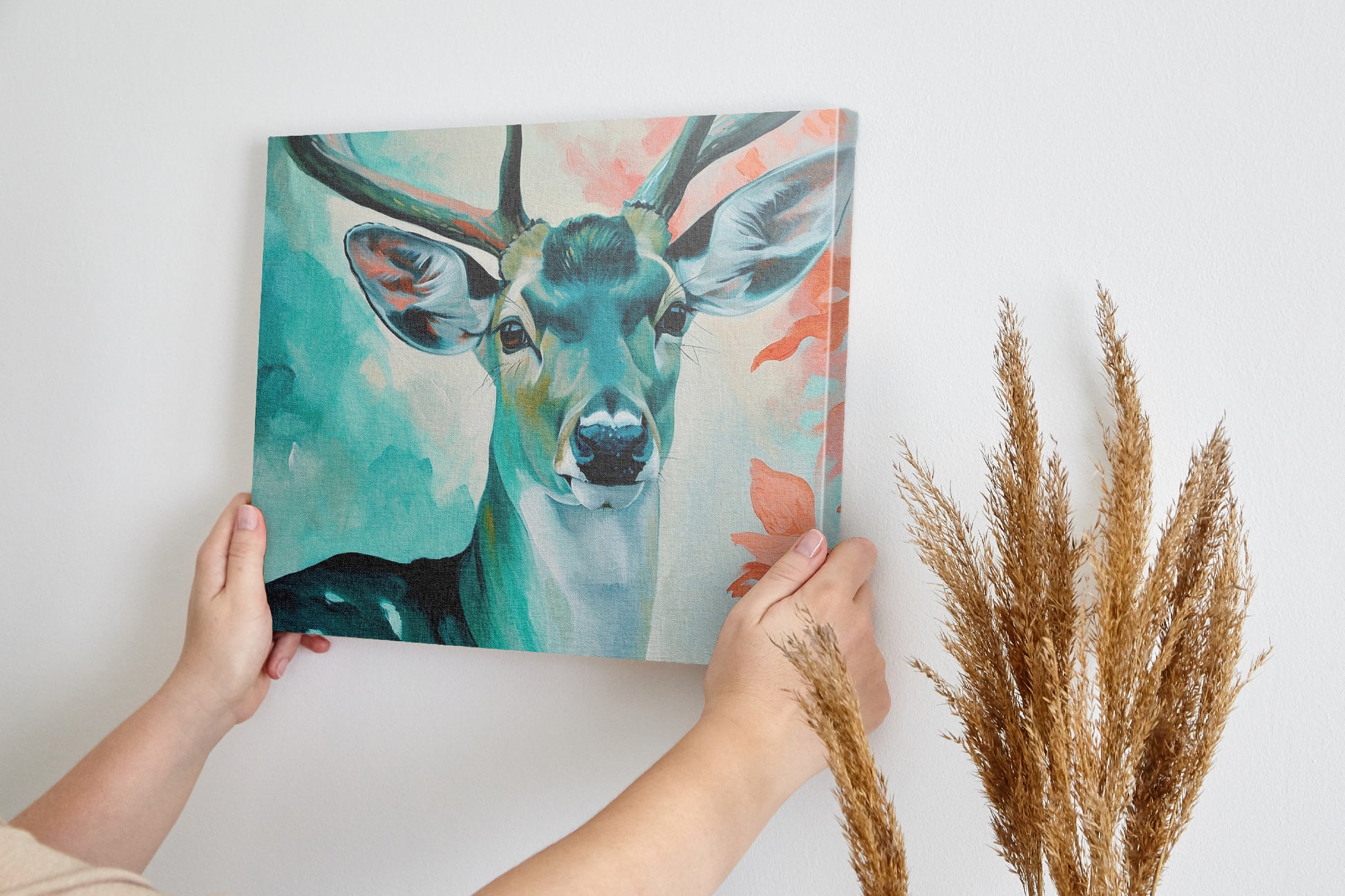 Framed canvas print of a vibrant, modern depiction of a stag with abstract elements