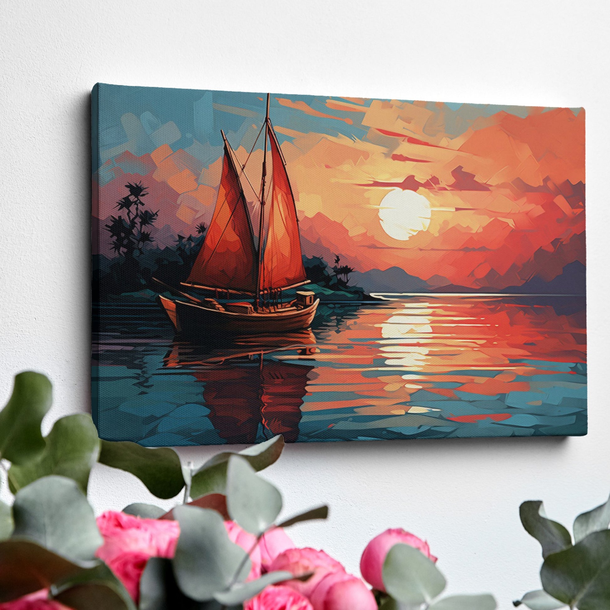 Framed canvas print of a stylised sunset seascape with a sailboat