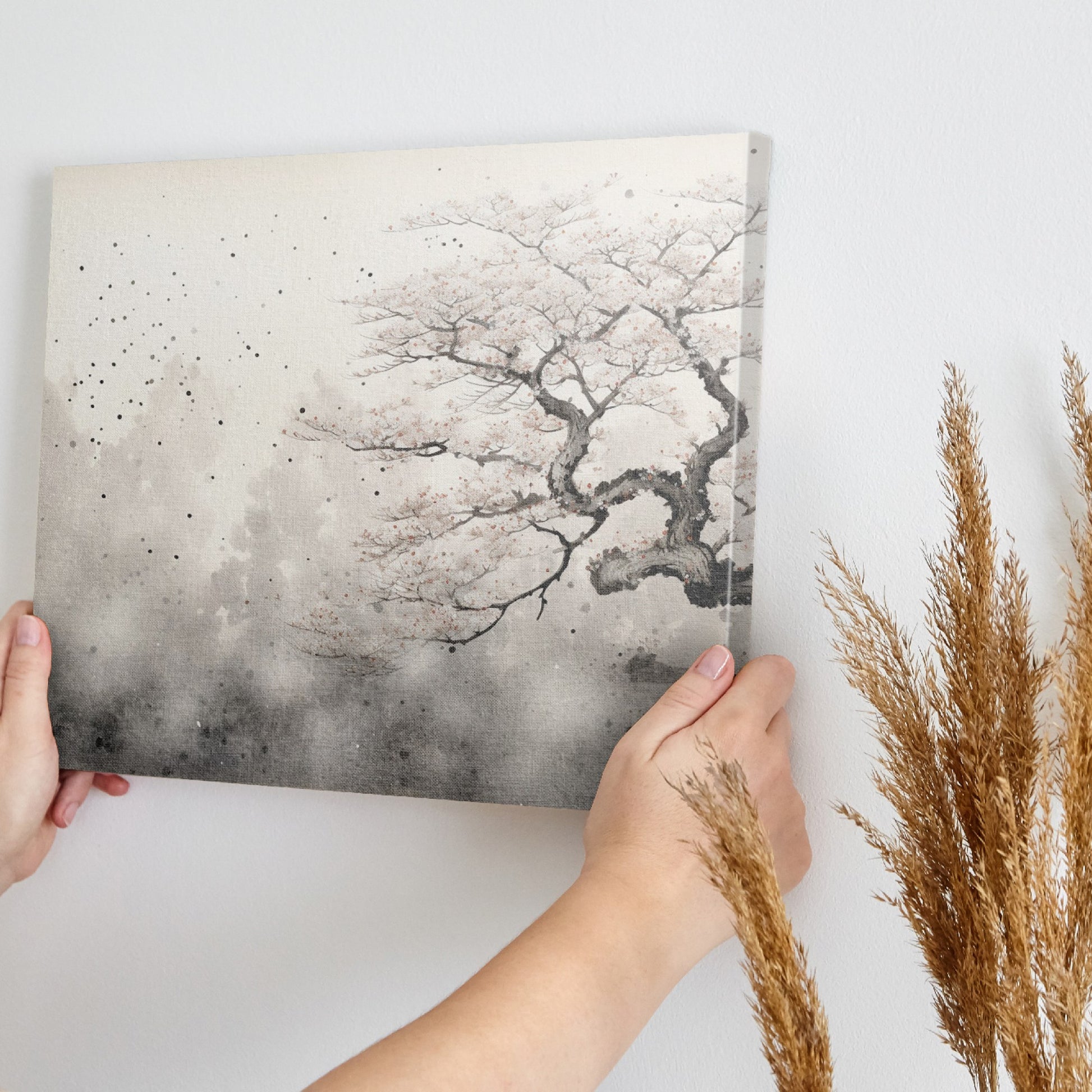 Framed canvas print of cherry blossom tree with ink wash effect