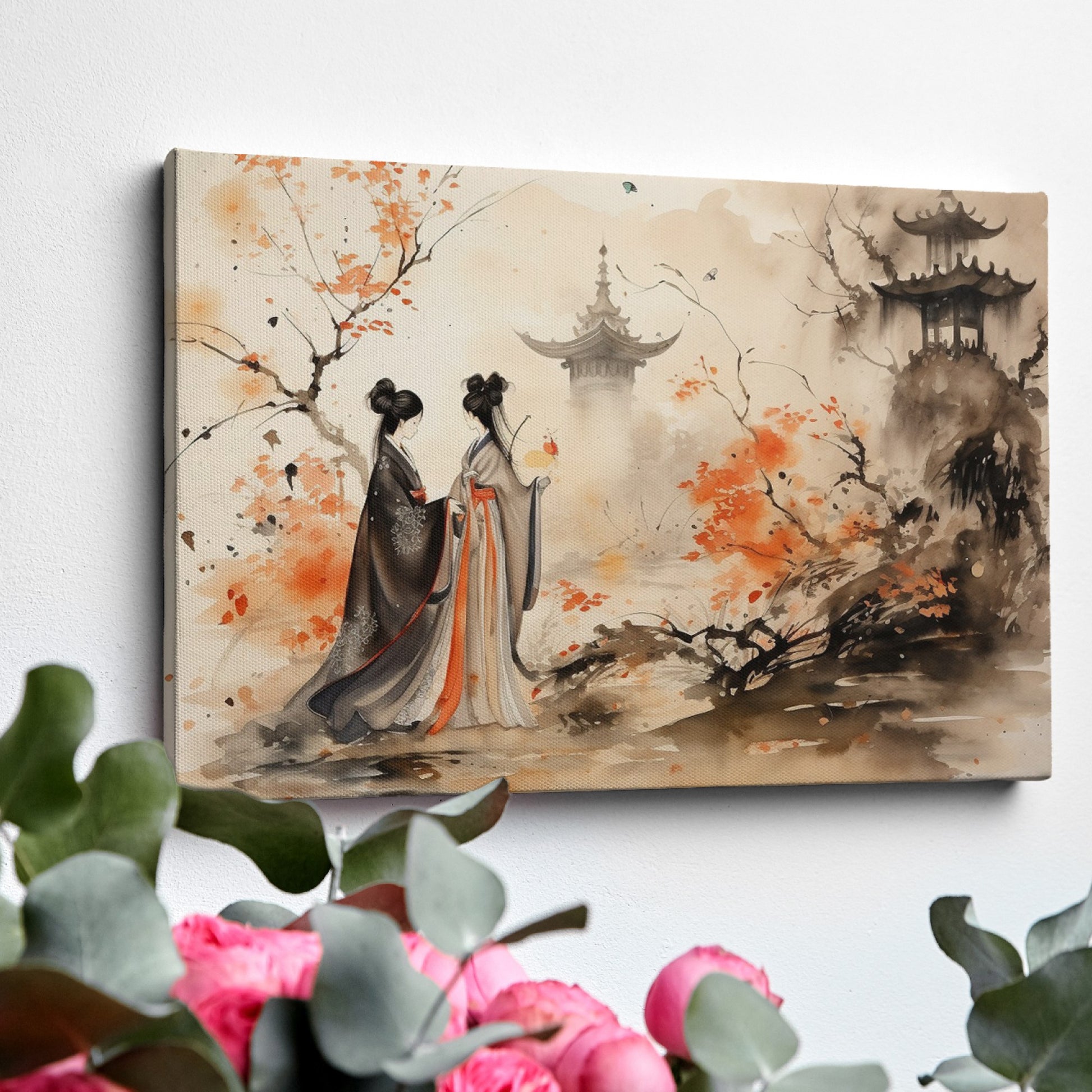 Framed canvas print of an oriental ink painting depicting two figures in traditional attire with an autumnal landscape and pagoda