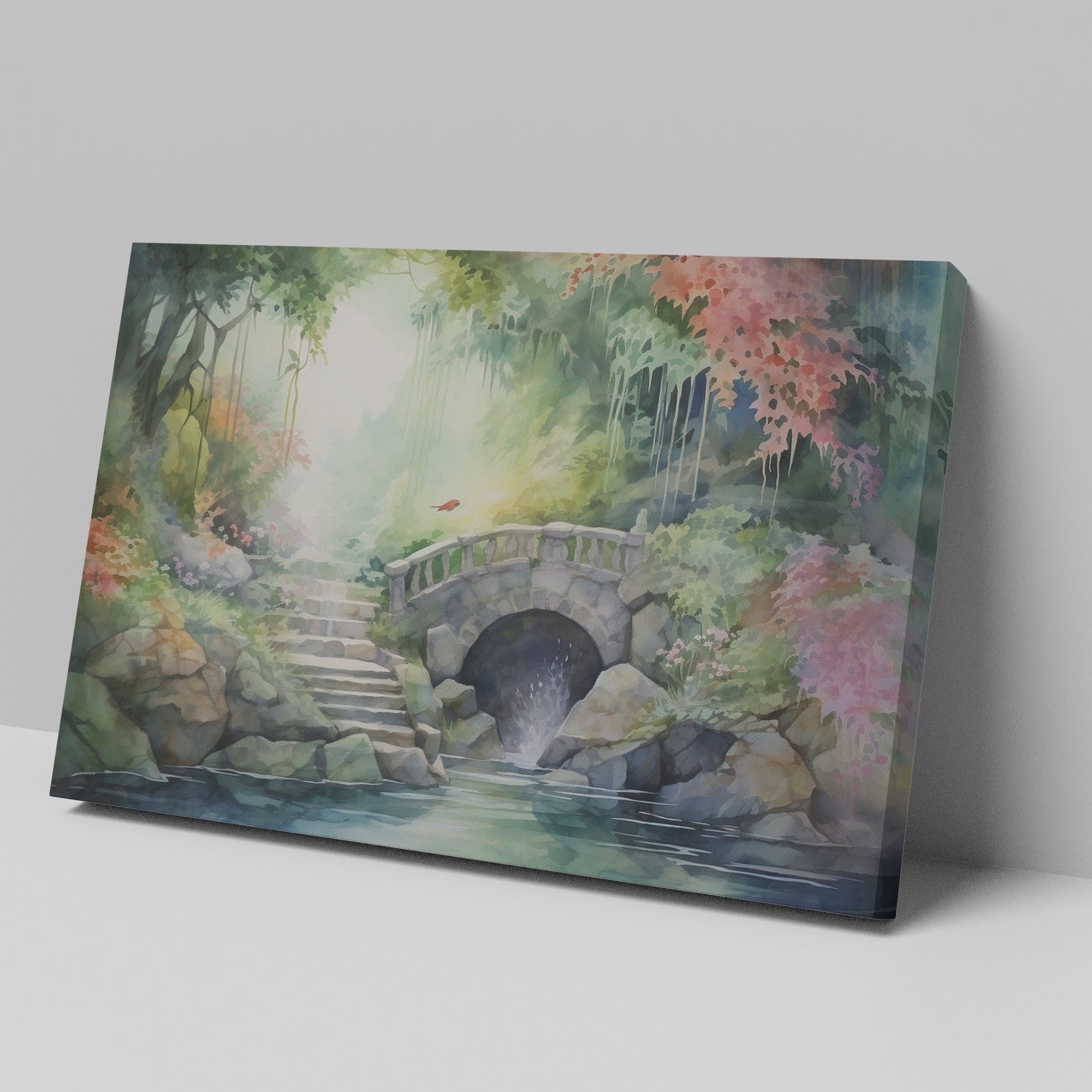 Framed canvas print of a tranquil watercolour garden with a stone bridge and flowing stream surrounded by colourful foliage