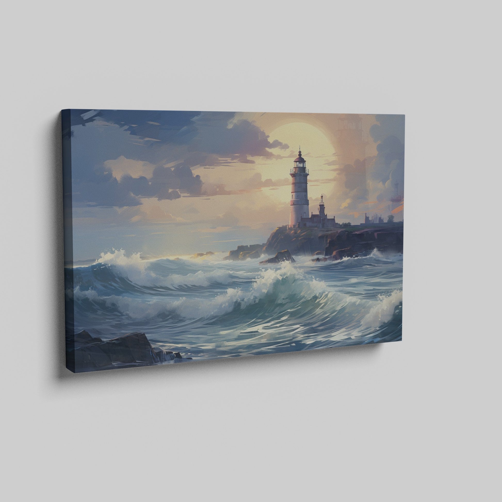 Framed canvas print of a lighthouse by the sea at sunset with crashing waves