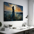 Framed canvas print of a figure in a meadow at sunset with dramatic sky and expressive brushstrokes