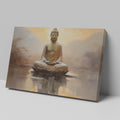 Framed canvas print of a meditative Buddha against a calming sunset and reflective water