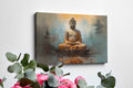 Framed canvas print of serene Buddha statue with abstract warm hues and reflective water