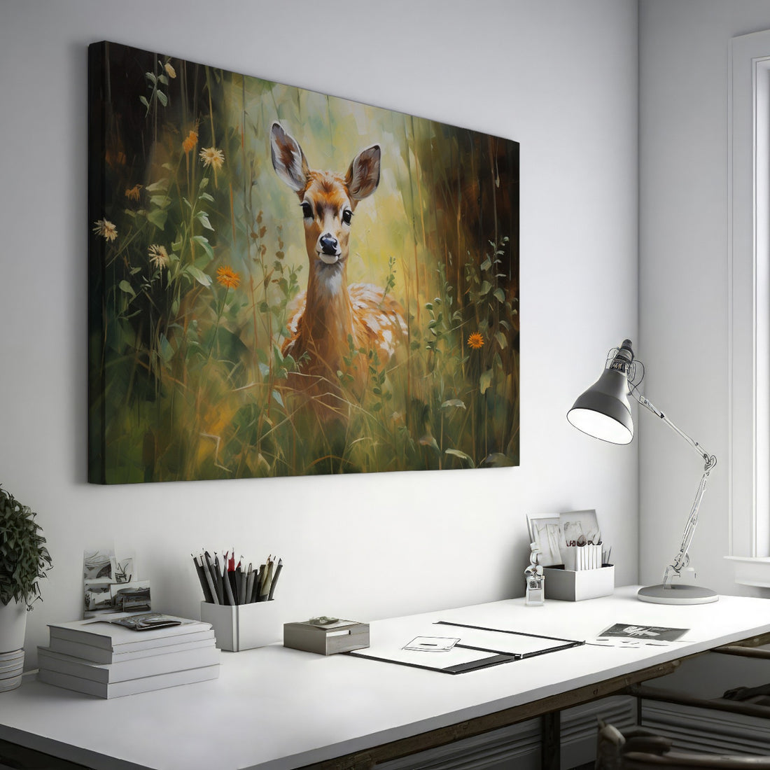 Framed canvas print of a gentle fawn in a sunlit meadow with vibrant wildflowers