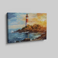 Framed canvas print of a vivid impressionist lighthouse at sunset with dynamic ocean waves