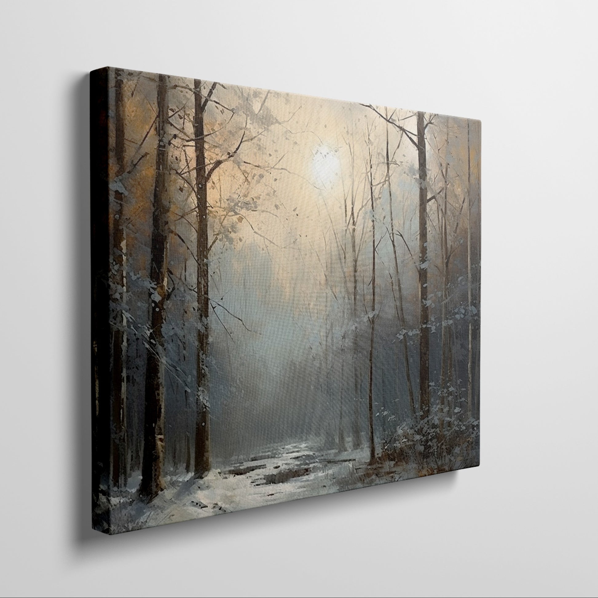 Framed canvas print of a tranquil snowy forest glade with soft dawn light filtering through the trees