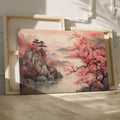 Framed canvas print of Oriental landscape with cherry blossoms and misty mountains