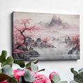 Framed canvas print of a traditional Asian landscape with cherry blossoms and misty mountains