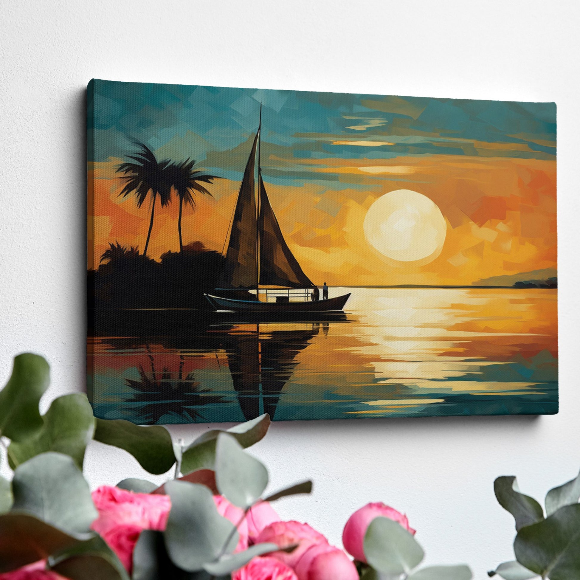 Abstract tropical sunset with a silhouetted sailboat at sea under a large sun with palm trees and calm water reflections.