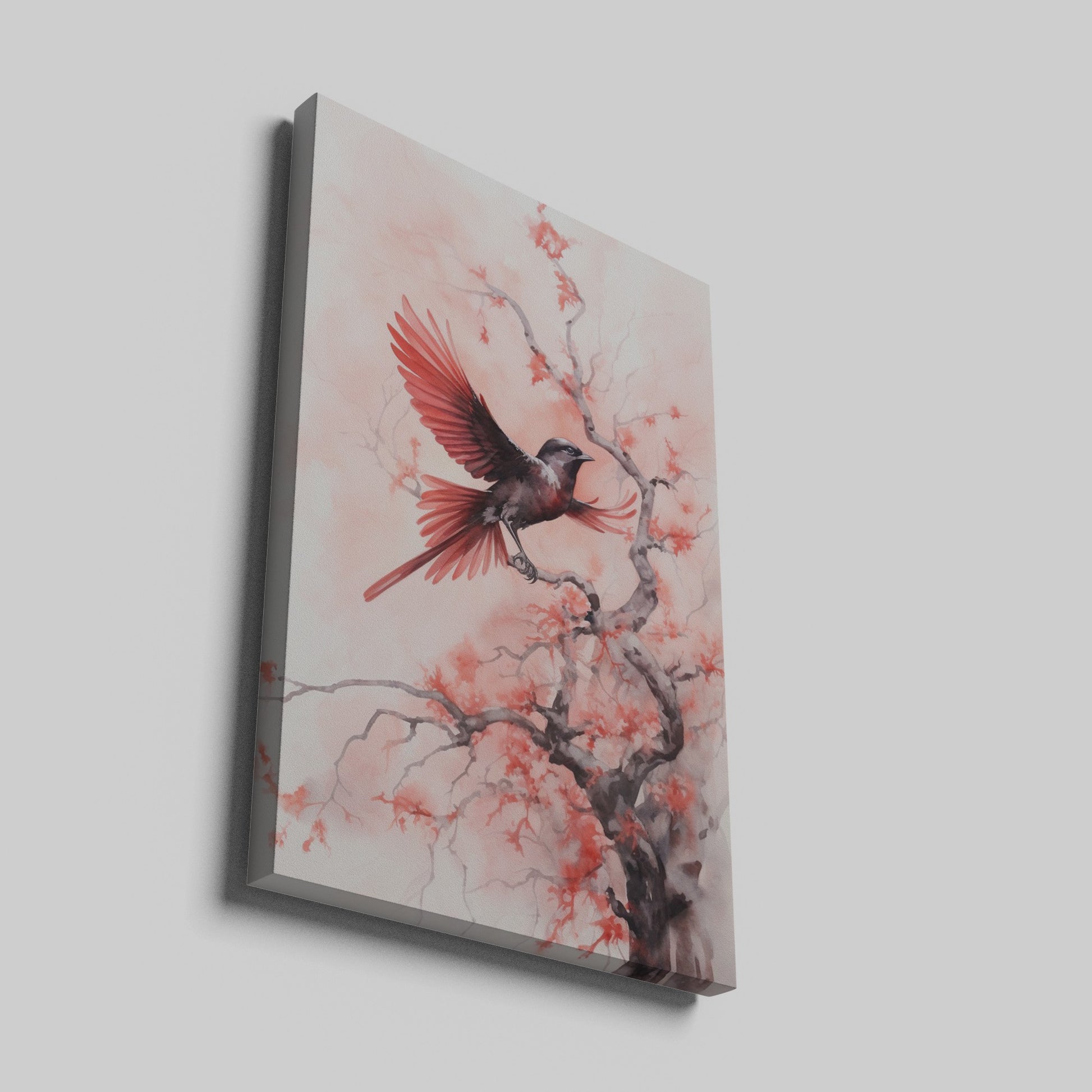 Watercolour artwork of a red-feathered bird in flight near a black cherry blossom tree