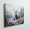 Framed canvas print of a majestic stag in a snowy wilderness, painted in impressionist style with a cool colour palette