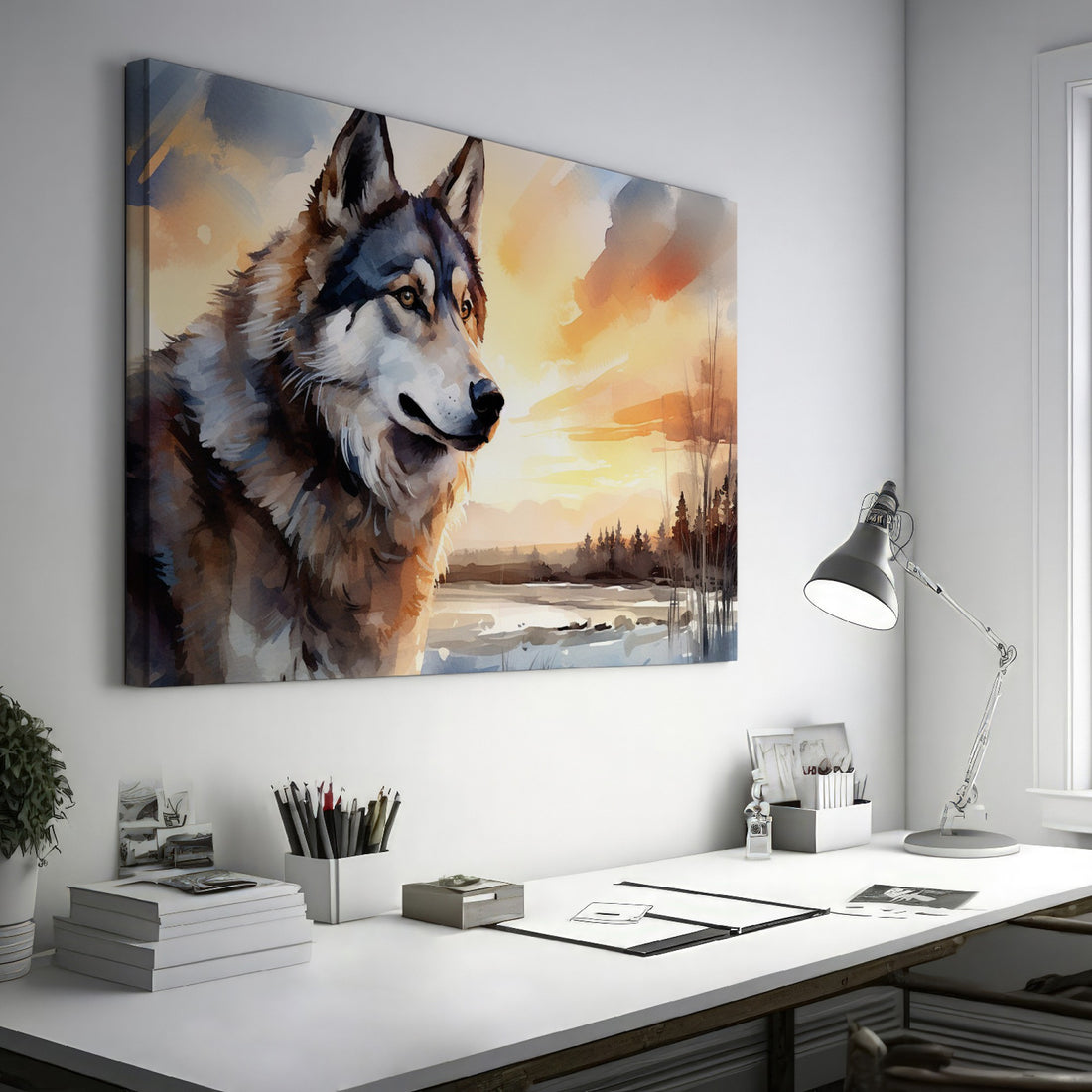 Framed canvas print of a majestic wolf in a sunset landscape with vibrant colours