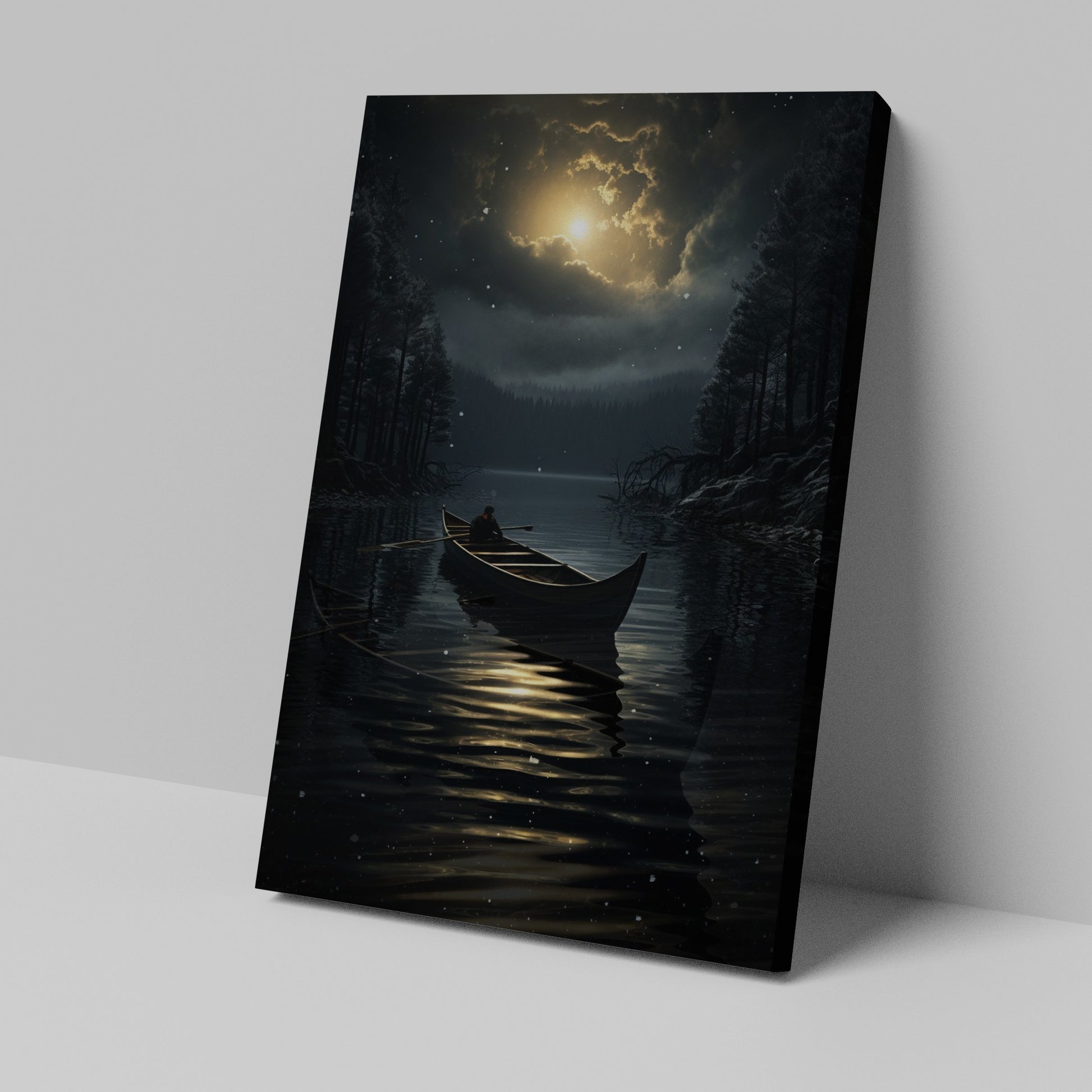 Framed canvas print of a serene moonlit scene with a person canoeing on a calm lake surrounded by forest