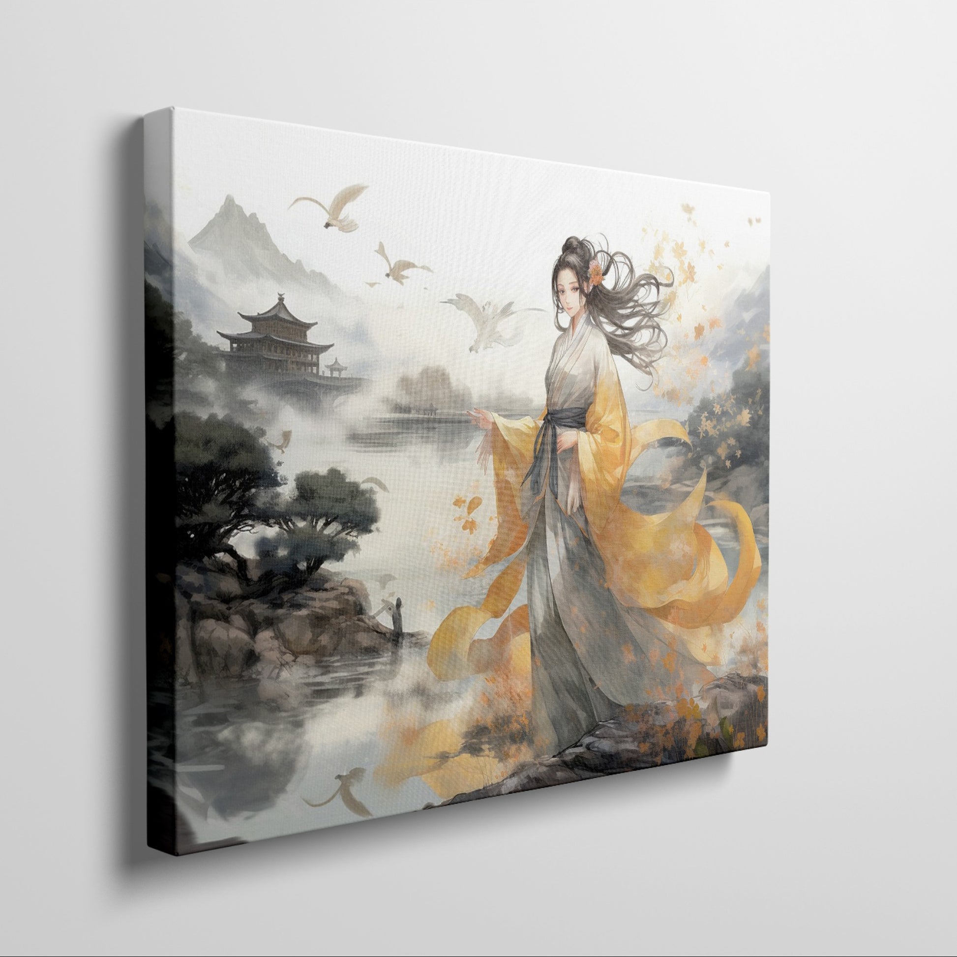 Framed canvas print of an elegant woman in traditional Oriental clothing with a landscape