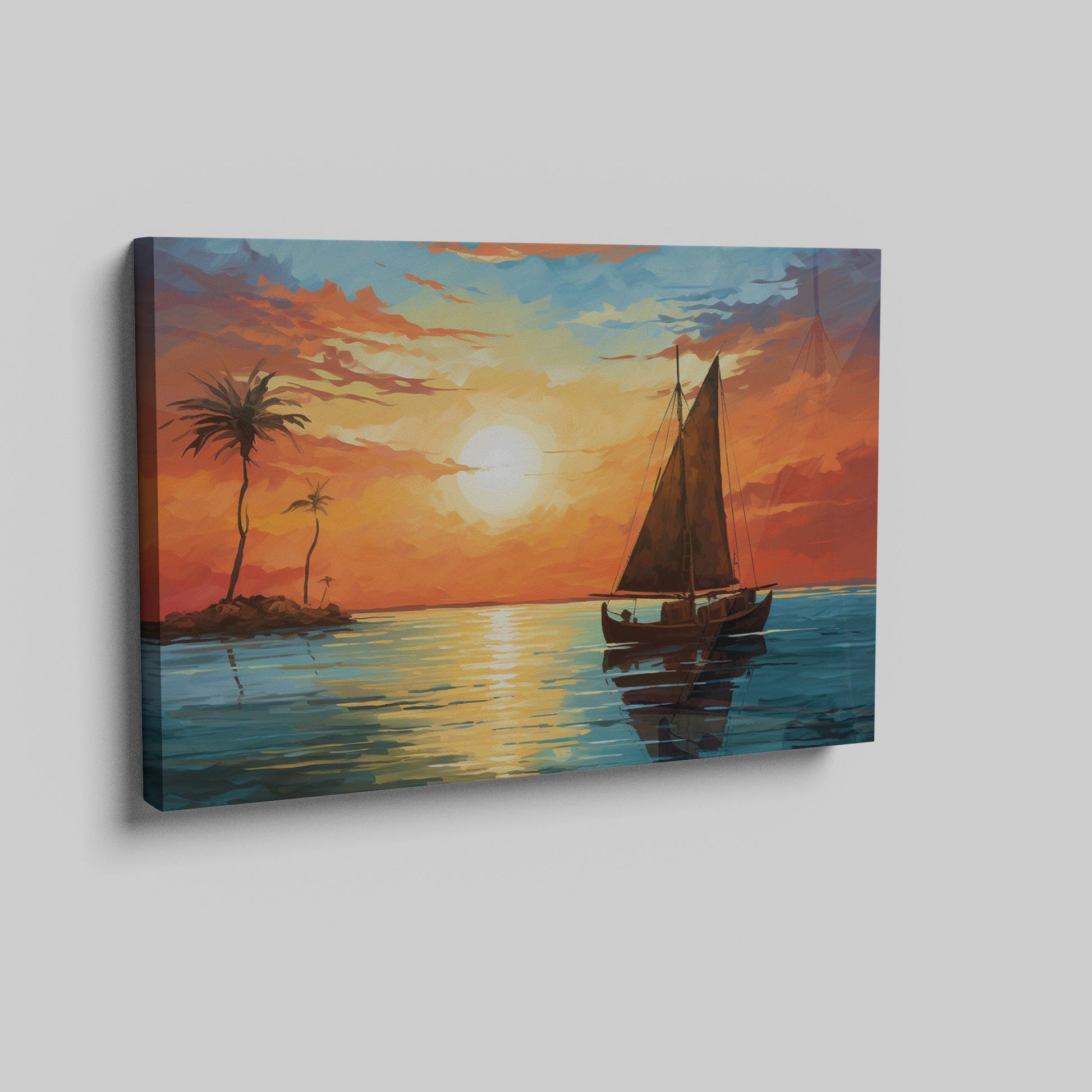 Framed canvas print of a tropical sunset with a sailboat and palm trees