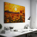 Framed canvas print of sunflowers beneath a golden sunset in an illustrative style