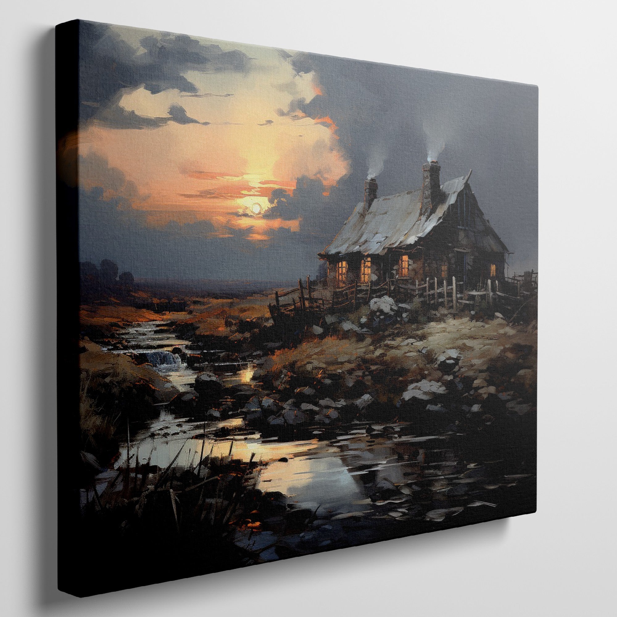 Framed canvas print of a rustic cottage with illuminated windows at sunset, set against a serene countryside landscape with a reflective creek.