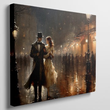 Framed canvas print of a Victorian couple on a romantic evening stroll on a rainy Paris street with warm glowing lights