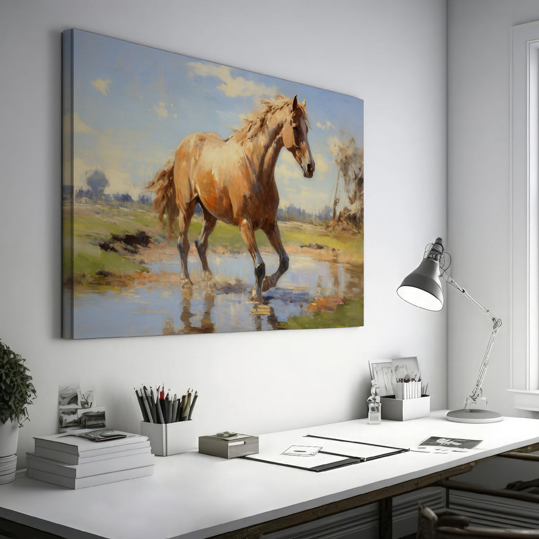 Framed canvas print of a vibrant horse wading in water with sunlit pasture and reflection