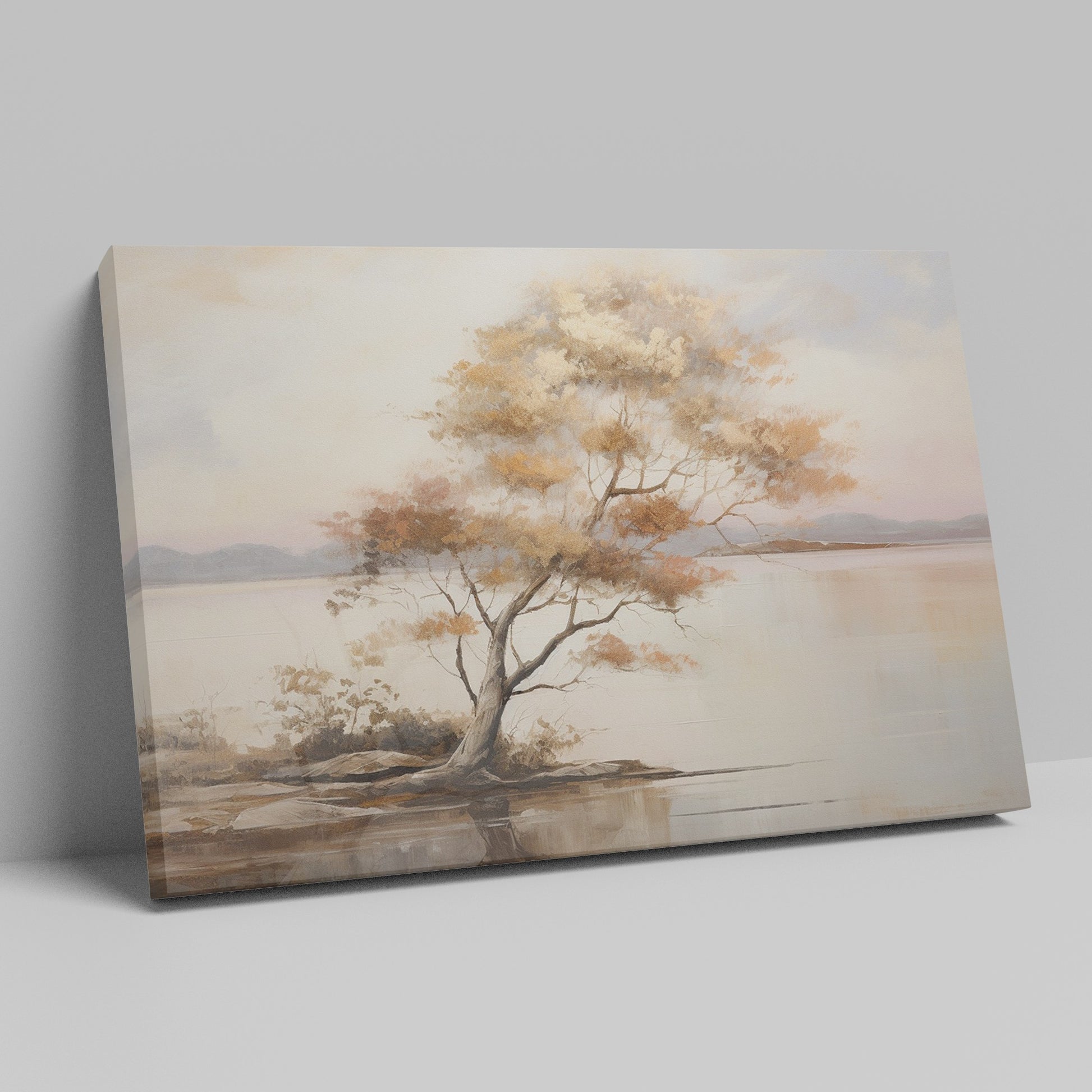 Framed canvas print of a tranquil lake landscape with an autumn tree at dusk