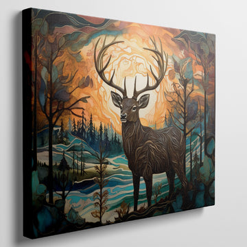 Artistic canvas of a stag in an autumn-toned forest with stylized trees and foliage