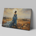 Framed canvas print of an elegant lady in a blue dress against a rural sunset backdrop with warm hues and a dramatic skyline