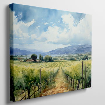 Framed canvas print of a scenic watercolor vineyard landscape with lush greenery and open sky