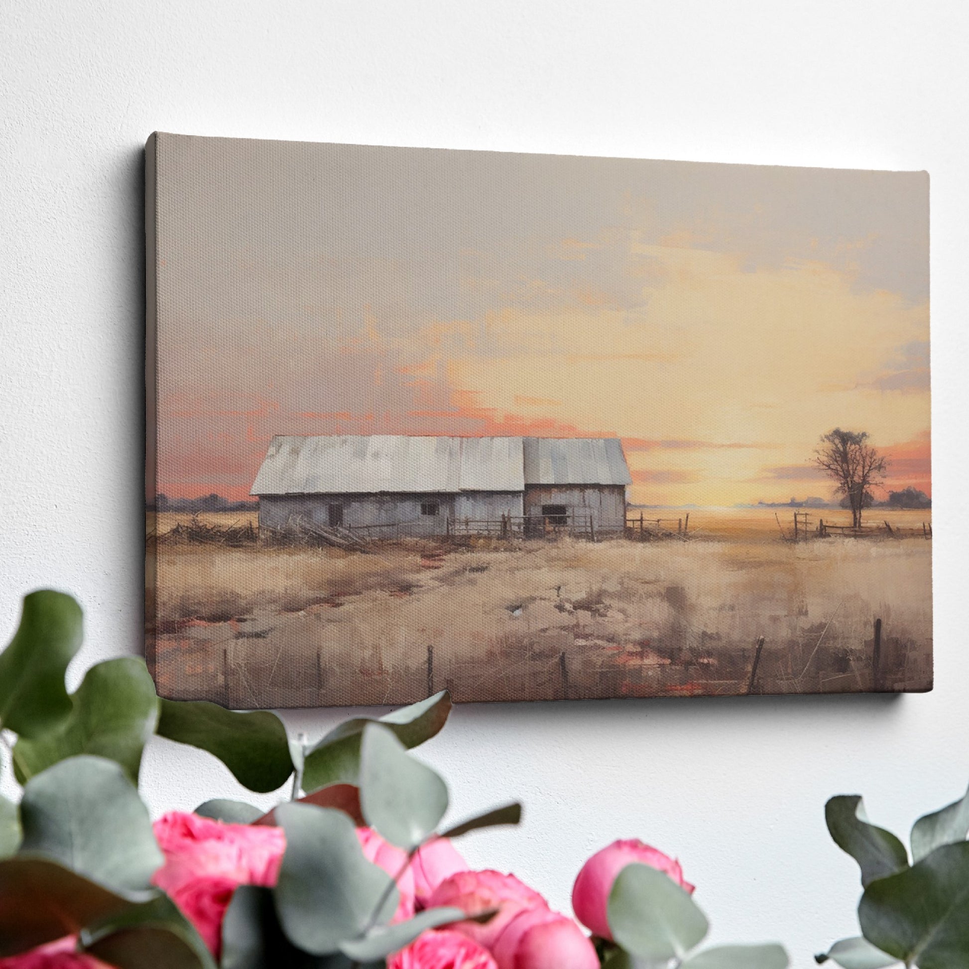 Framed canvas print of a rustic barn surrounded by tranquil fields at sunset, with warm golden and earthy tones.