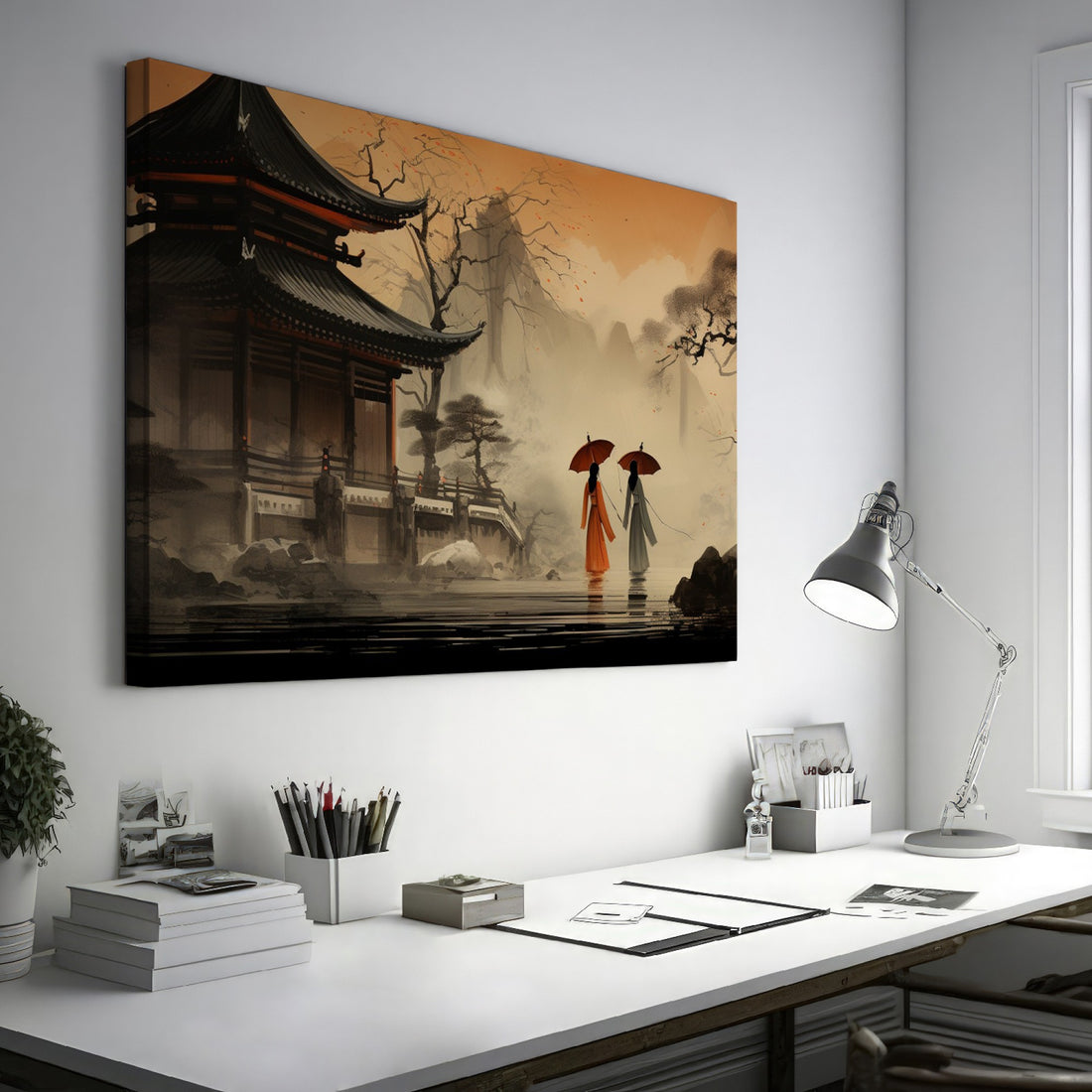 Framed canvas print of serene oriental pagoda scene with misty mountains and figures with umbrellas