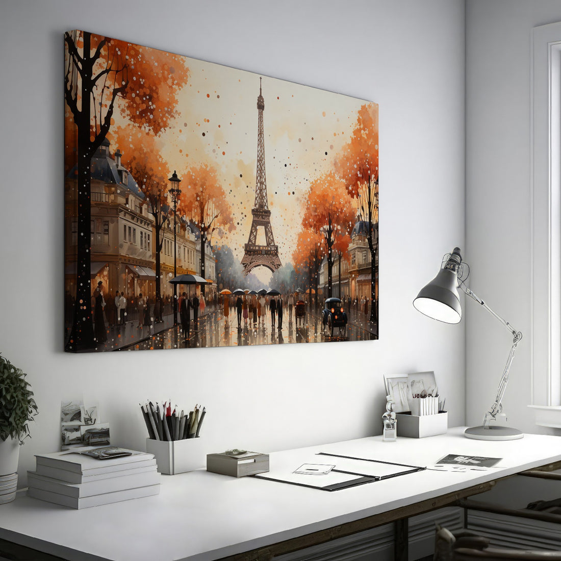 Framed canvas print of a picturesque Paris street scene with the Eiffel Tower in autumn, featuring vibrant warm colours and impressionistic style