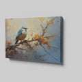 Framed canvas print of a stylised blue bird sitting on a branch with impressionistic brushstrokes