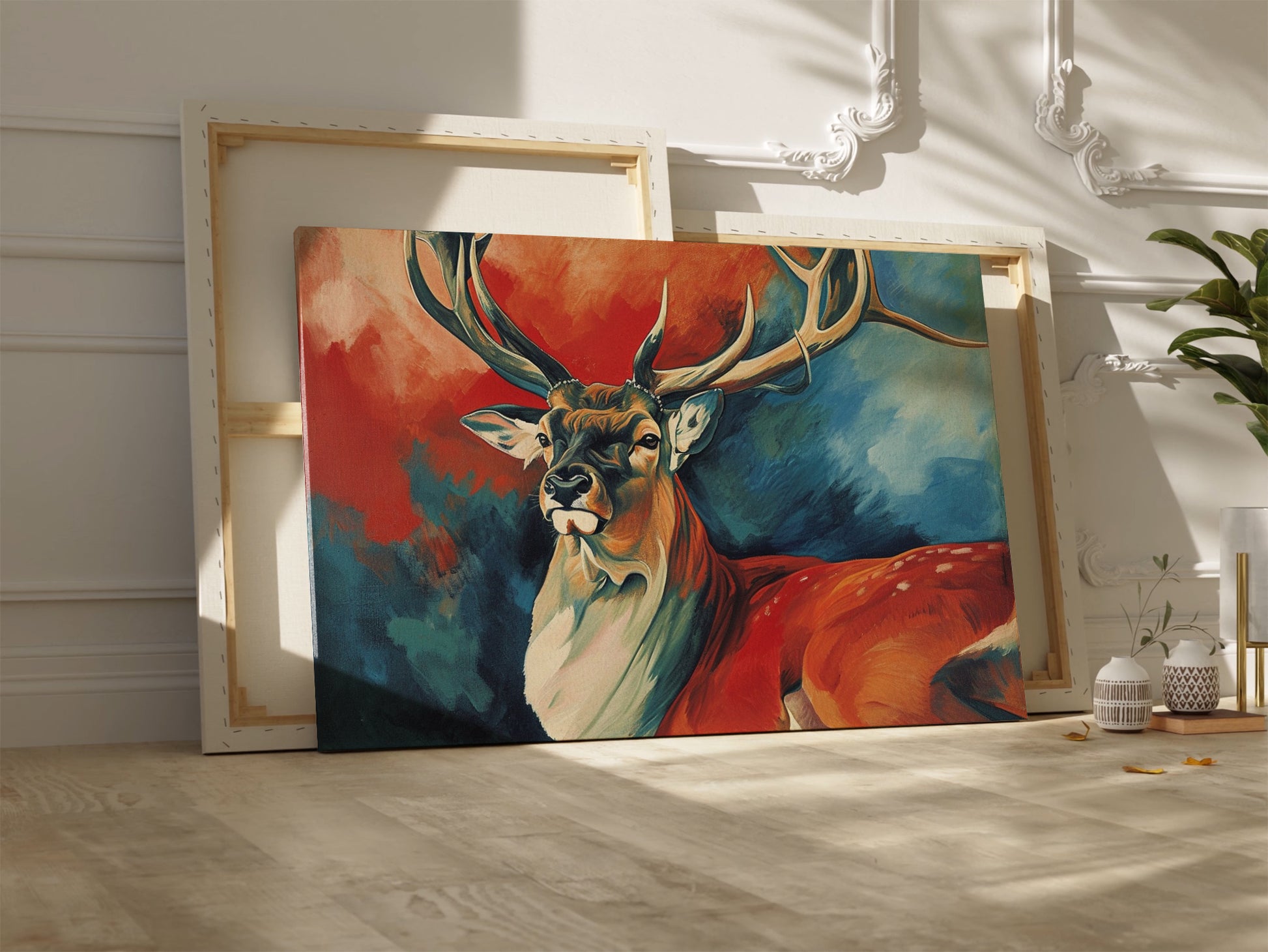 Framed canvas print of a vibrant, expressive deer with bold red and blue colours