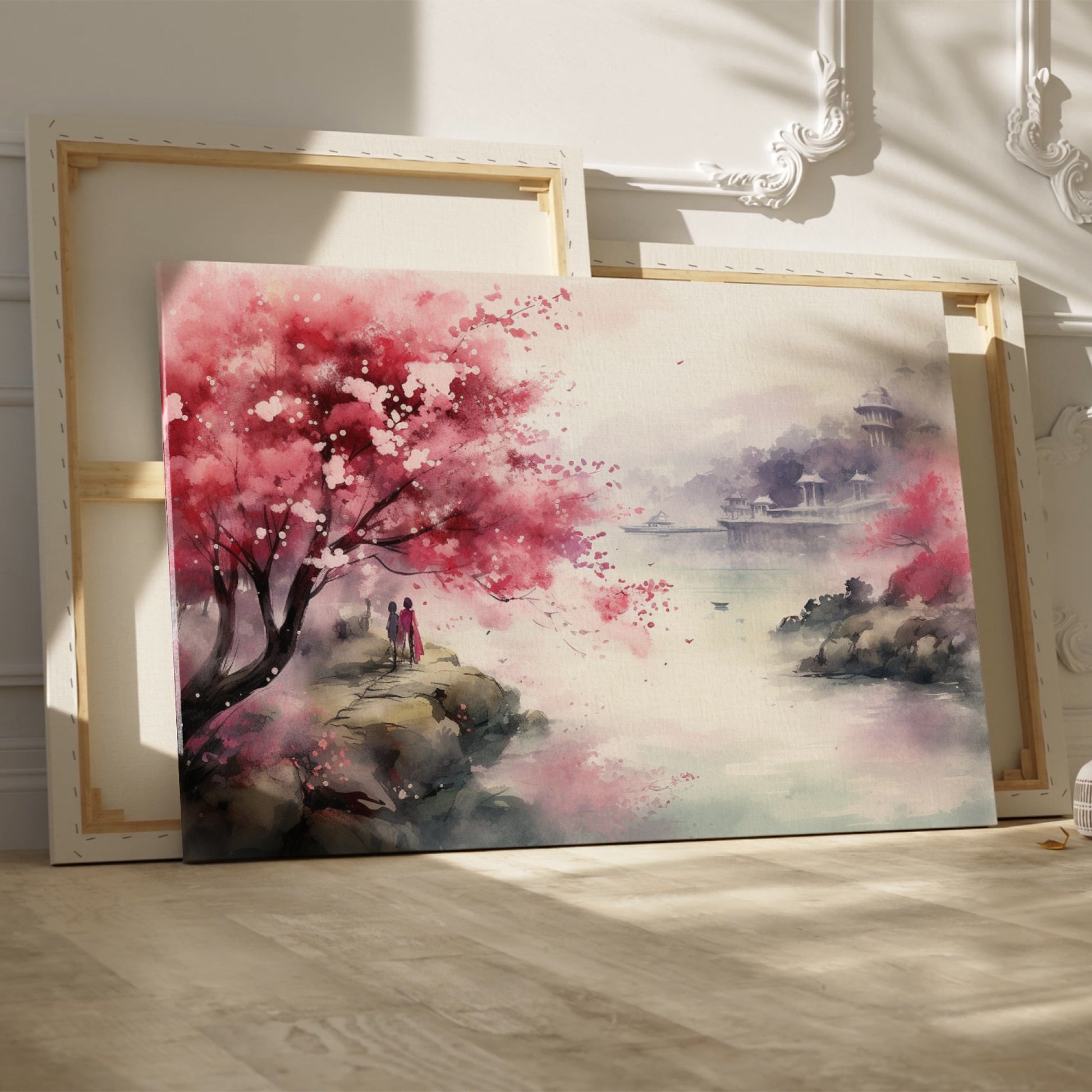 Framed canvas print of a watercolour cherry blossom landscape with figures and traditional architecture