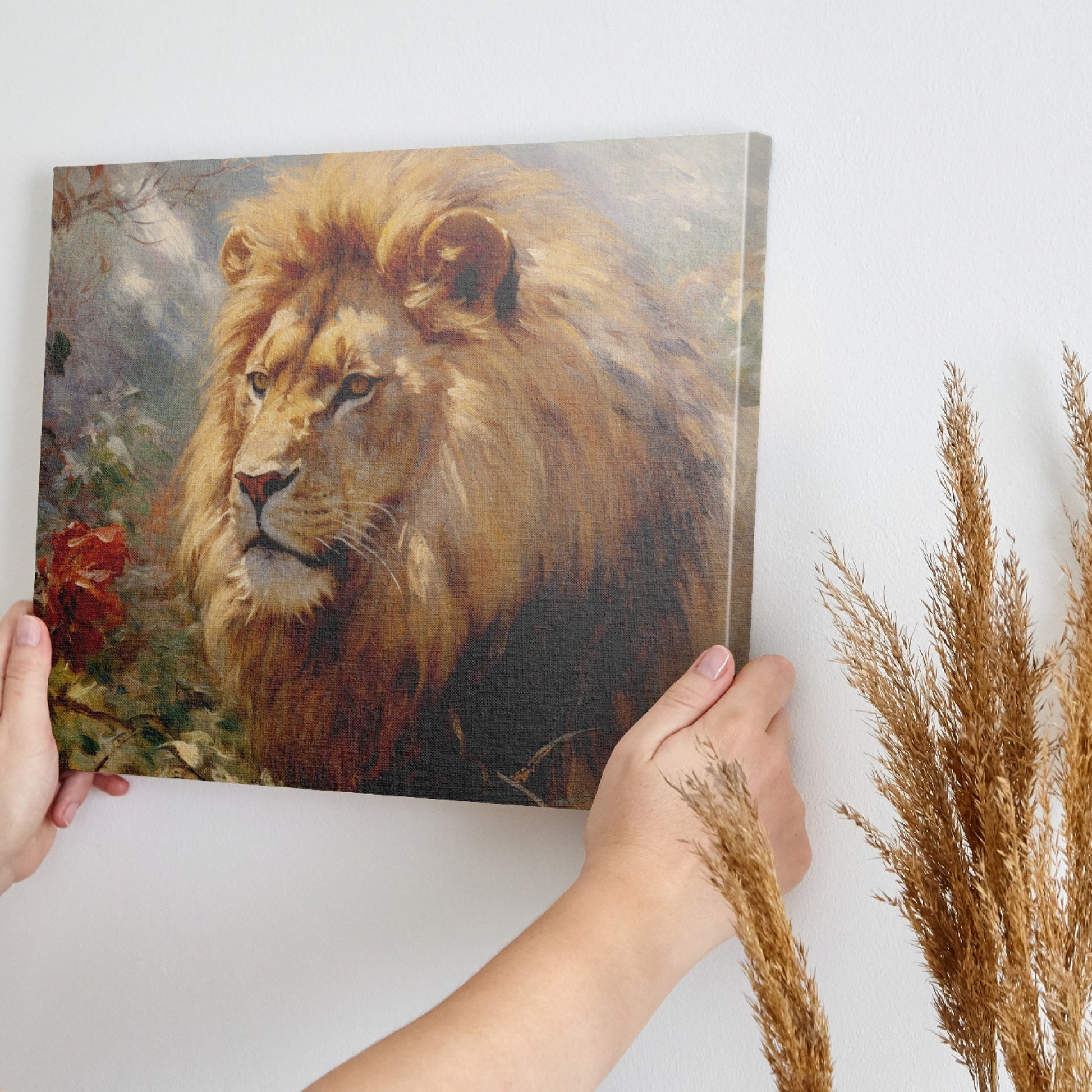 Framed canvas print of a realistic lion showcasing golden and warm earth tones, with detailed brushwork and a serene expression.