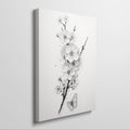 Framed canvas print of monochrome blossoms and a butterfly in a minimalist style