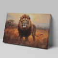 Framed canvas print of a majestic lion against a sunset on the savannah