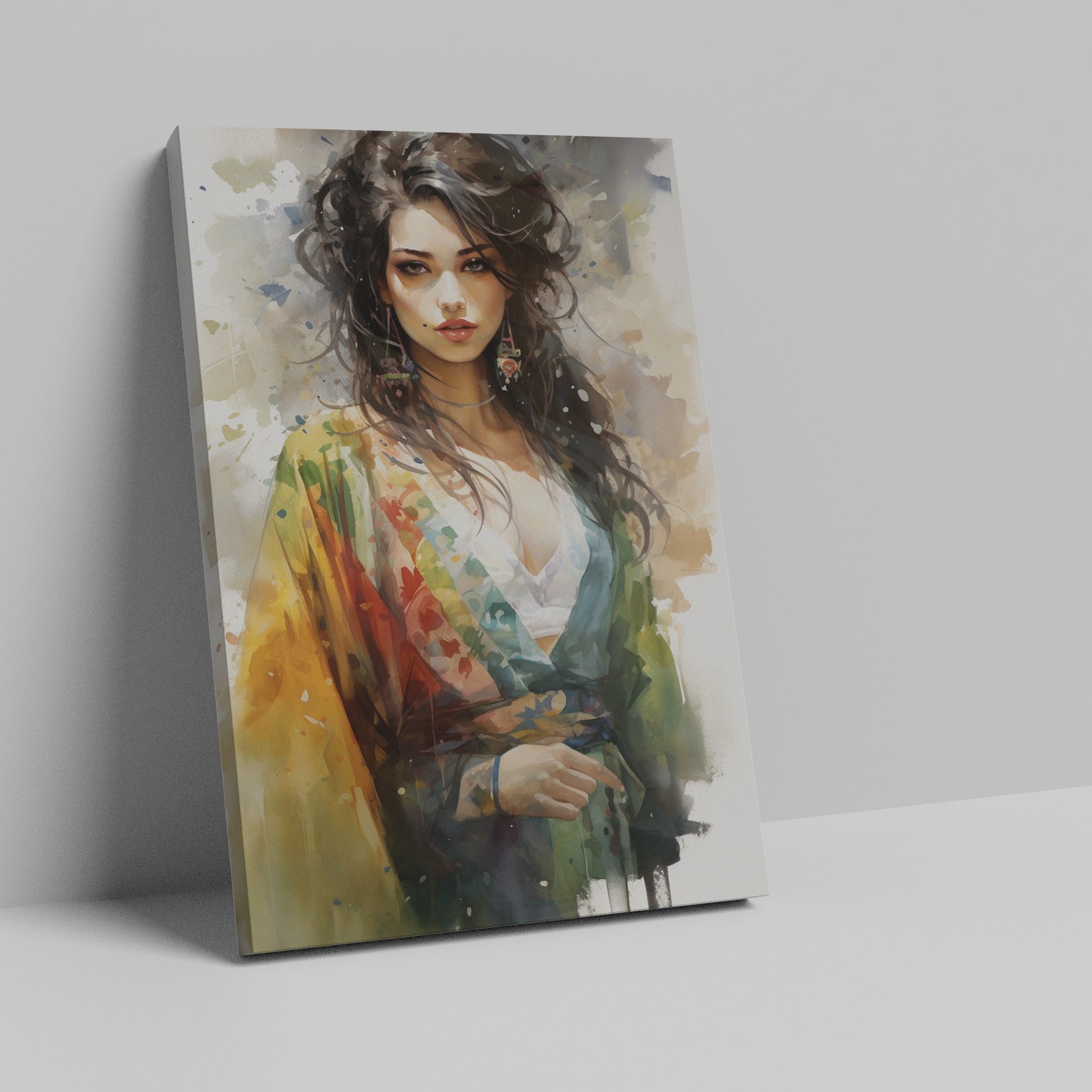 Framed canvas print of a vibrant, watercolour portrait of an elegant woman with colourful attire