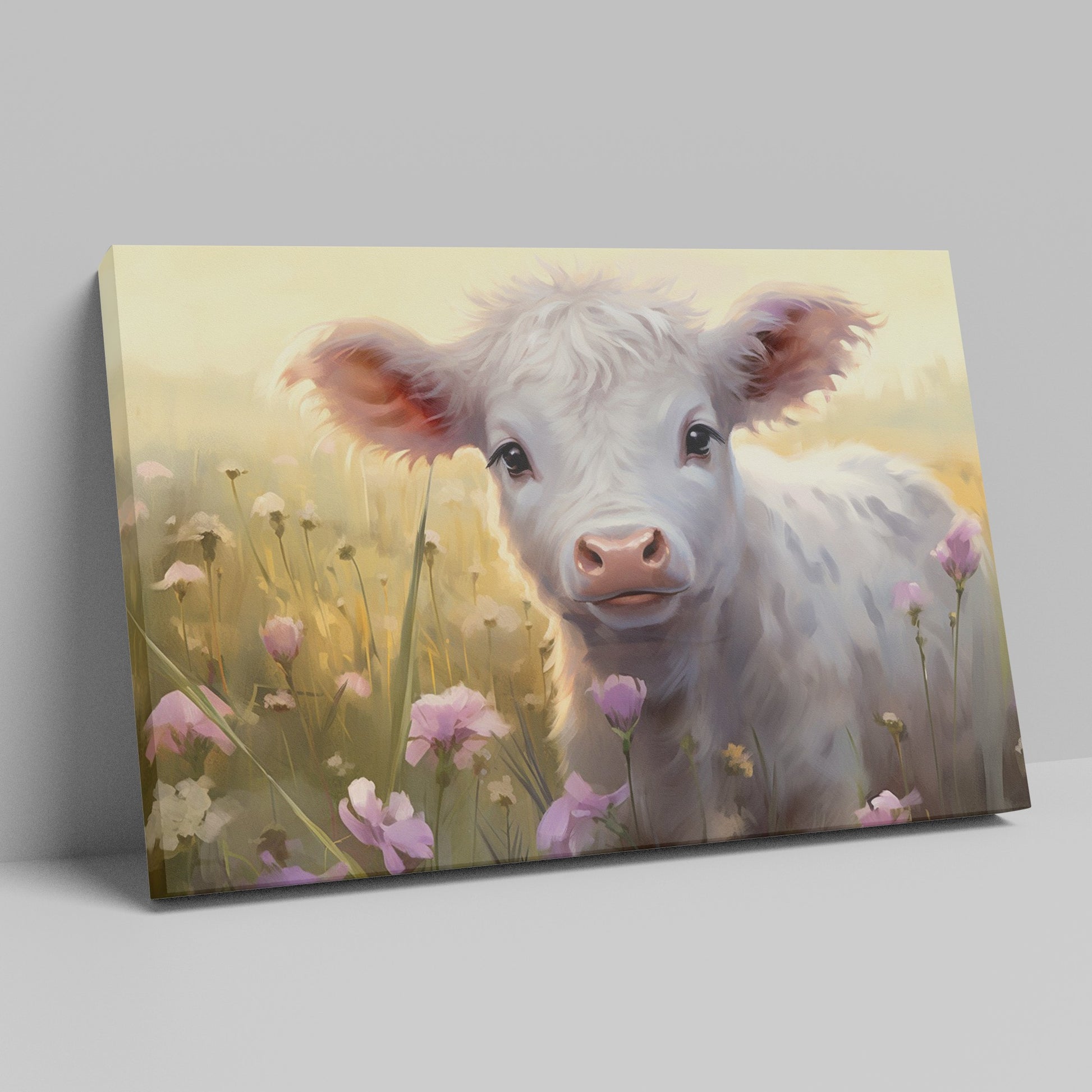 Framed canvas print of a realistic calf in a meadow with pink and yellow flowers