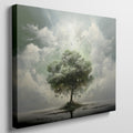 Framed canvas print of a surreal tree floating above a calm lake with birds and ethereal clouds