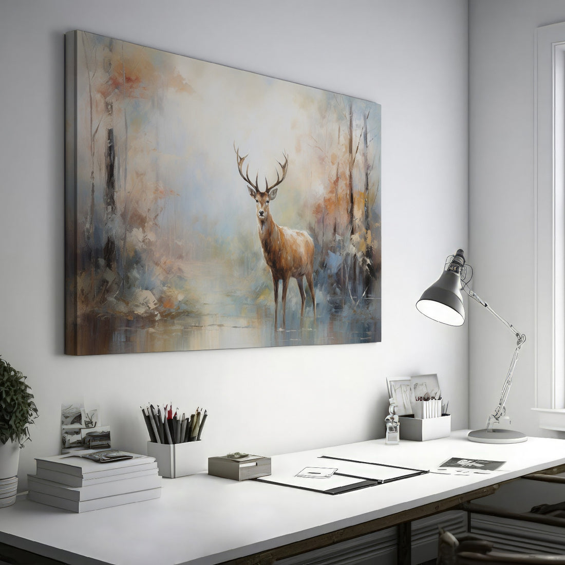 Framed canvas print of an impressionist painting featuring a majestic stag in an autumn forest