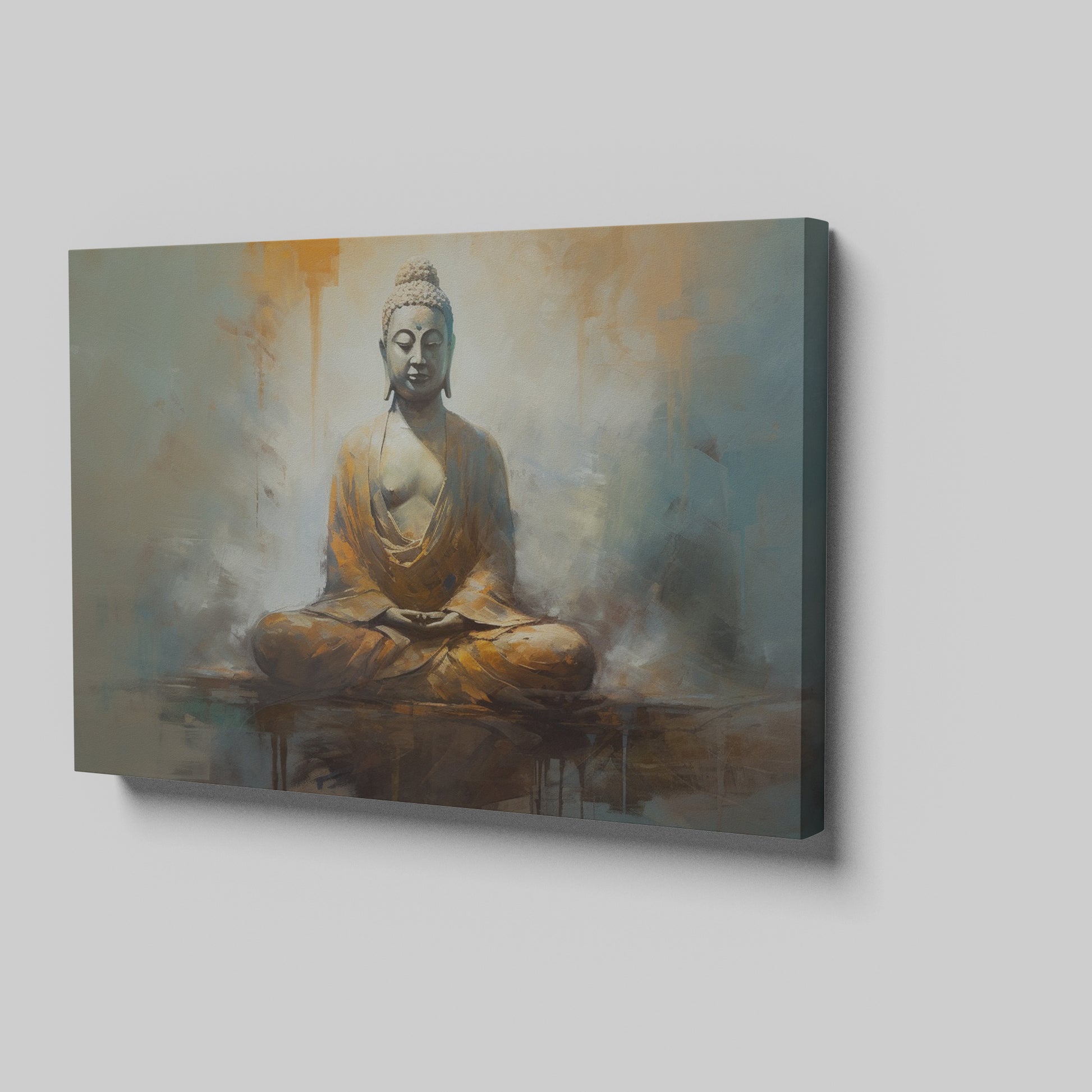 Framed canvas print of serene Buddha in meditation with abstract warm background