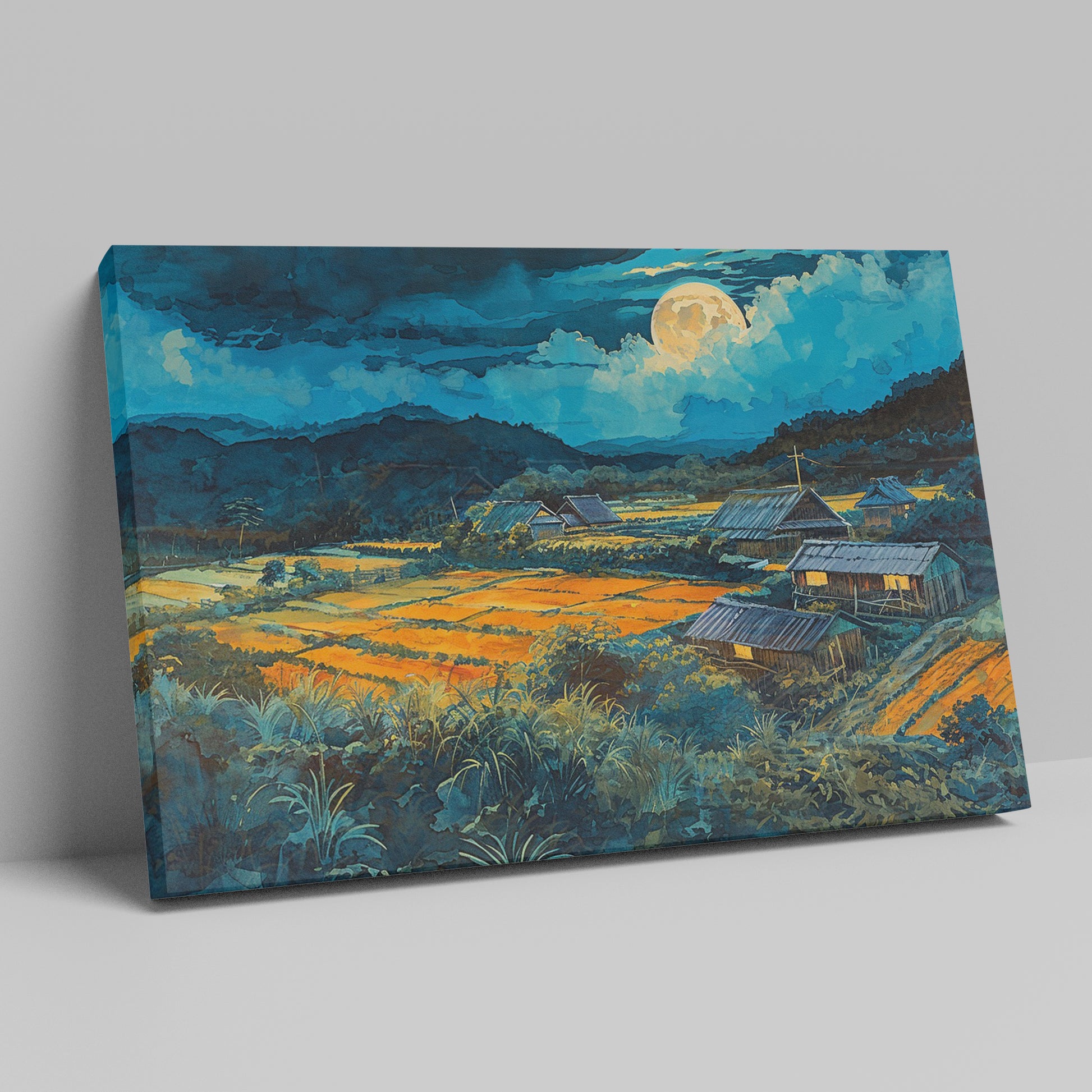 Framed canvas print of a moonlit countryside scene with vibrant fields and rustic homesteads