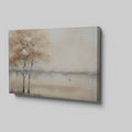 Framed canvas print of misty autumnal river scene with leafless trees and bird in flight