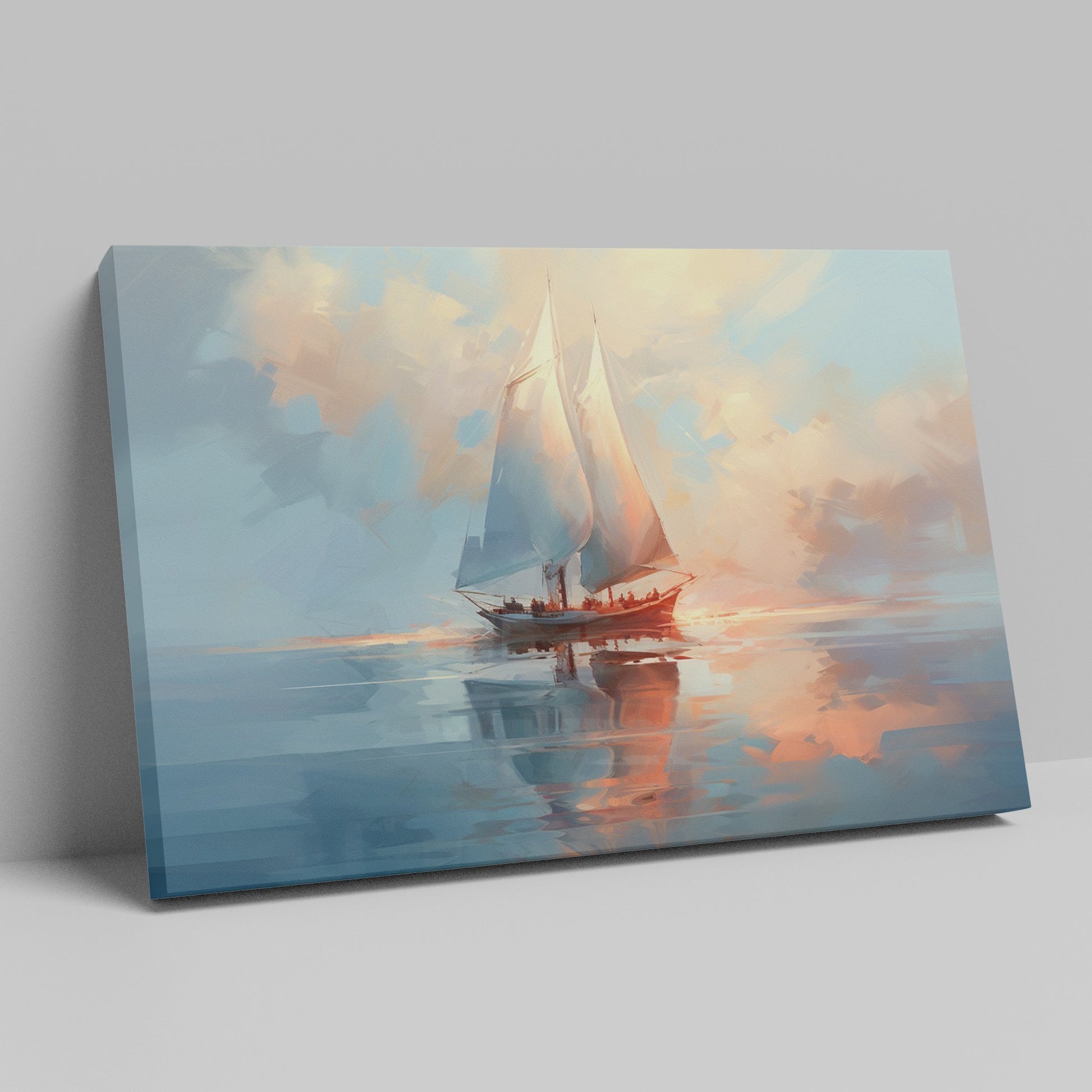 Framed canvas print of an impressionist depiction of a sailboat at sunset with vibrant sky and water reflections